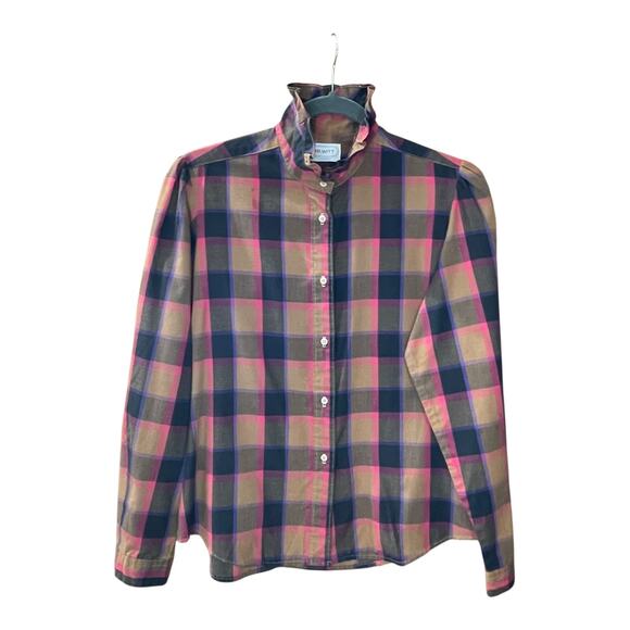 Vintage Mr. Witt USA Plaid Ruffle Collar Blouse Size 14 Made in USA 70s 80s - Picture 2 of 12